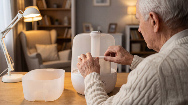 Senior man replacing filter inside home humidifier on living room table, authentic active aging concept showing independence confidence value value value value value value value value