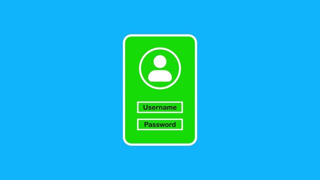 Login screen animation with profile icon, username and password fields on blue background.