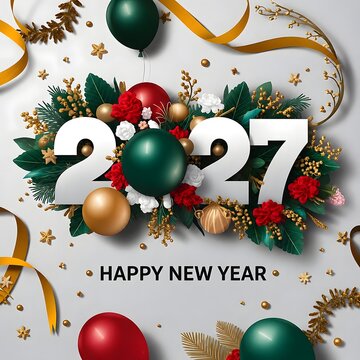 Happy new year 2027 greeting card with festive decorations featuring red and green balloons golden ribbons pine branches and sparkling stars for a joyful holiday celebration design