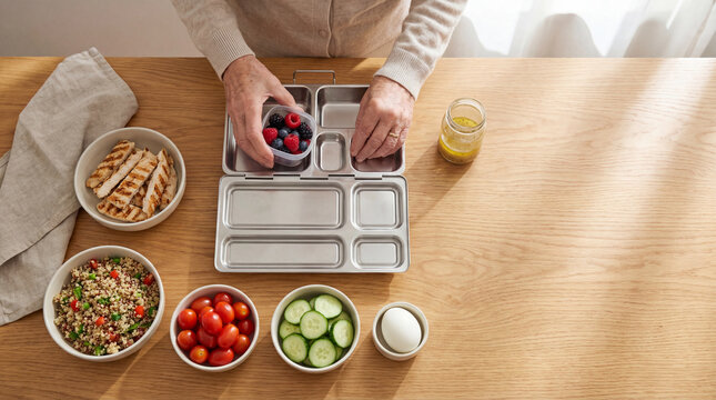 Senior woman packing balanced meal with chicken grains vegetables berries egg, authentic active aging concept showing independence confidence value value value value value value value