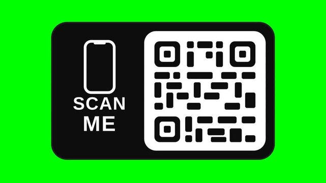 QR code displaying scan me with smartphone icon appearing in seamless digital animation on green screen background for modern interactive marketing communication