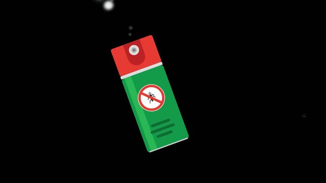Animated insect repellent spray can falling in a seamless loop pattern on a transparent background in a 2D flat design style for pest control and hygiene concepts.