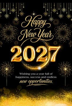 Happy new year 2027 greeting card with gold typography and glowing fireworks on a black background for holiday celebration and festive season design with shiny numbers and text