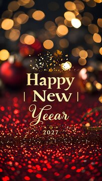 Happy new year 2027 greeting card design with elegant gold text and sparkling red and yellow bokeh lights in a dark blurry background for festive holiday celebration social media post