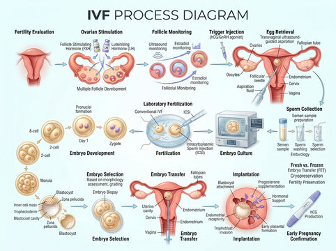 Detailed medical illustration showing the step by step process of in vitro fertilization including ovarian stimulation and embryo development stages
