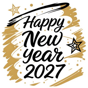 Happy new year 2027 lettering with hand drawn brush strokes and star shapes for holiday greeting card design elements in black and gold colors for celebration party and event decoration