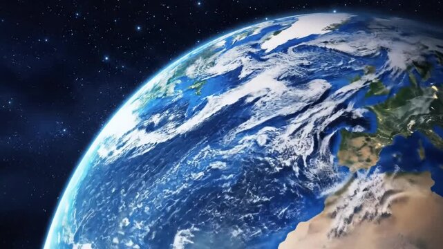 Detailed close-up view of planet earth with oceans, continents, and cloud formations in space, showing our world