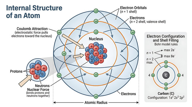 Educational diagram illustrating the internal structure of an atom with protons, neutrons, and electron shells