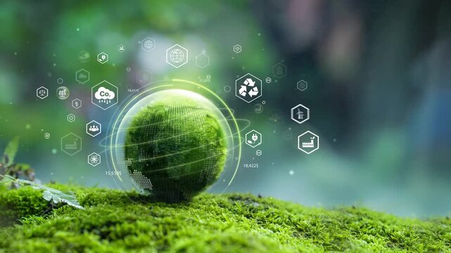 Green globe on moss with green forest icons - environment esg concept, ecology and sustainable environment of the world. Eco-friendly green business. ecology, earth day, csr and net zero