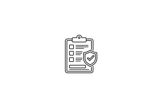 Clipboard checklist with a shield and check mark, symbolizing security, compliance, verification, approval, audit, quality control, and safe business processes. Vector illustration.