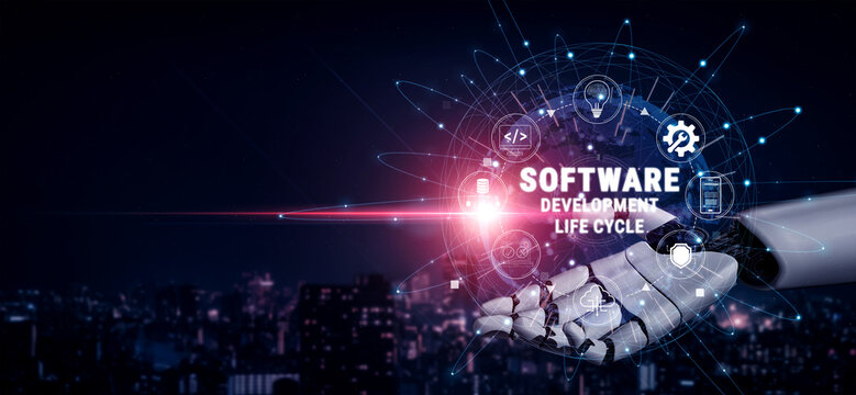 Futuristic Robot Hand Presenting Software Development Life Cycle Concept with Digital Icons and Cityscape Background at Night Quark.
