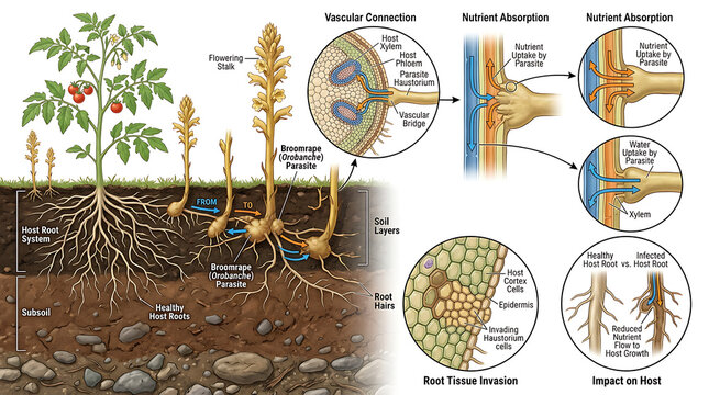 Detailed Biological Illustration of Parasitic Plant Root Invasion and Nutrient Absorption from Host Plant