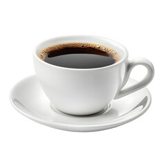Naklejka premium Hot black coffee in white cup and saucer on transparent background for morning drink.