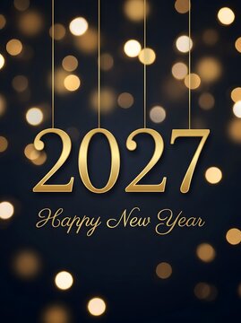 Happy new year 2027 greeting card design with hanging gold numbers and glowing bokeh light circles on a dark background for celebration and holiday season festive party invitation