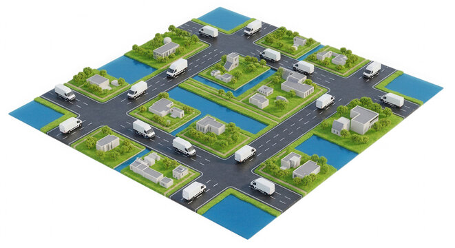 Isometric city map with houses and roads in a green neighborhood isolated on transparent background