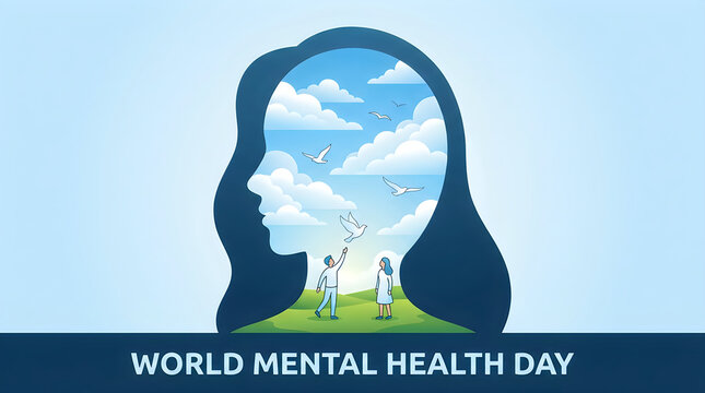A peaceful mindscape with people walking in a field beneath a cloudy sky represents mental wellbeing