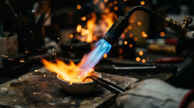 Close up of jeweler using gas blowtorch to melt metal in crucible