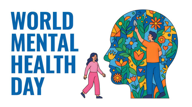 World mental health day concept with a young woman walking towards a floral head silhouette
