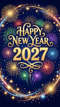 Happy new year 2027 greeting card design with bright colorful fireworks exploding in the night sky and elegant golden calligraphy text for festive holiday celebration and party event