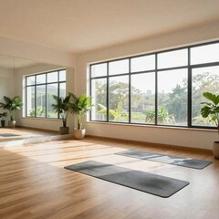 Fototapeta premium bright yoga studio interior with wooden floor, mats, and green plants, morning sunbeams streaming through large windows