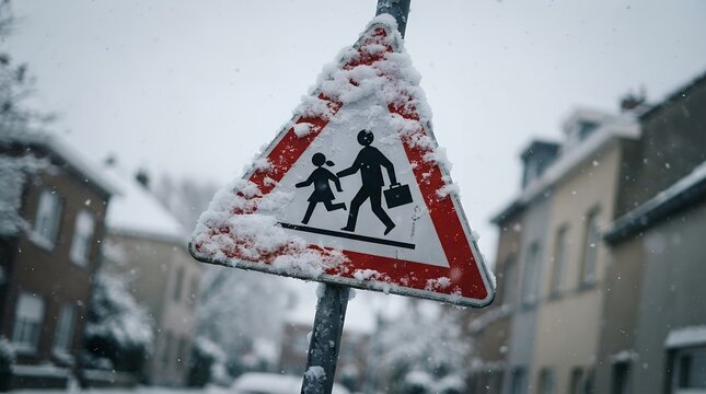 Snowy school crossing sign on winter street, triangular warning road sign covered in snow, cold winter weather safety concept