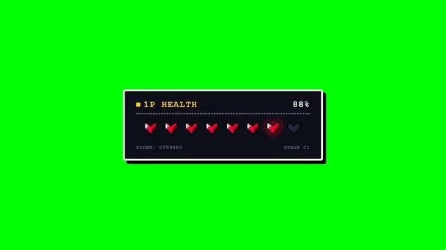 Retro 8-bit pixel art video game health bar on green screen