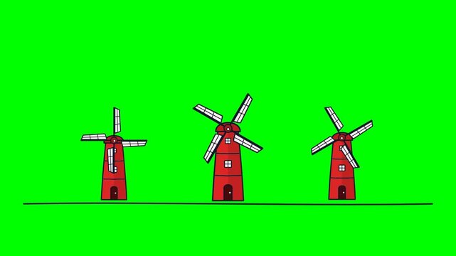 Three animated red windmills rotating on a green screen background.