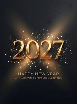 Happy new year 2027 golden text with sparkling glitter particles on a dark black background for a festive holiday celebration greeting card design for the upcoming new year season event