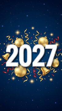 2027 new year celebration design with golden christmas ornaments bells confetti and colorful ribbons on a dark blue background for a festive holiday greeting card or social media post