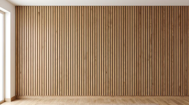 Minimal modern interior featuring a vertical wooden slatted wall with warm natural tones, wood flooring and soft window light. Clean, contemporary backdrop ideal for architecture, design and decor.