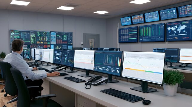 A person seated at a long desk surrounded by multiple computer monitors displaying financial charts and data dashboards