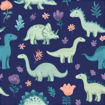 Seamless vector pattern with sketch of dinosaurs and abstract floral. Decoration print for wrapping, wallpaper, fabric. Seamless vector texture.