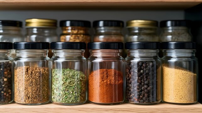 A row of glass jars filled with various spices neatly arranged on a wooden shelf in a kitchen