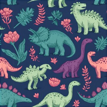Seamless vector pattern with sketch of dinosaurs and abstract floral. Decoration print for wrapping, wallpaper, fabric. Seamless vector texture.