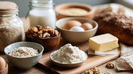 Fototapeta premium A rustic wooden board displays an array of wholesome baking ingredients including flour oats eggs butter walnuts and milk