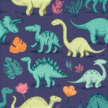 Seamless vector pattern with sketch of dinosaurs and abstract floral. Decoration print for wrapping, wallpaper, fabric. Seamless vector texture.