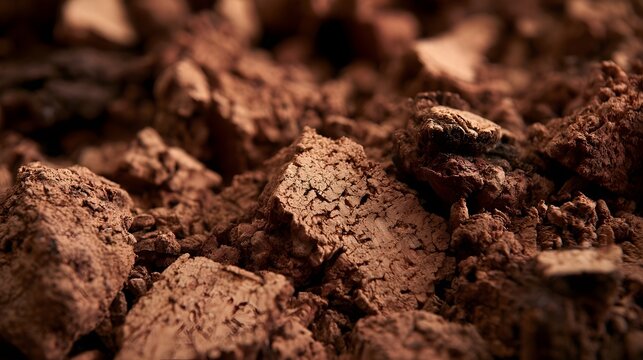 Close up of textured natural cork fragments showing rich brown tones and organic surface details under warm lighting