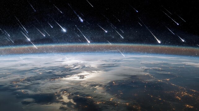 Meteor shower streaks across earth atmosphere seen from deep outer space