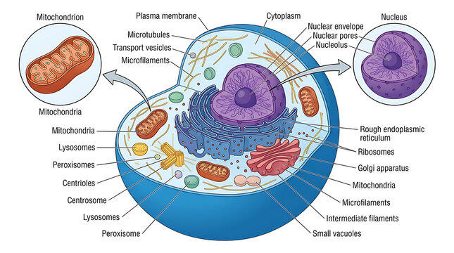 Detailed Scientific Diagram of an Animal Cell with Labeled Organelles and Mitochondrial Structure