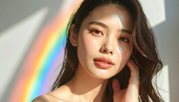 Beautiful young Asian woman with rainbow light reflection