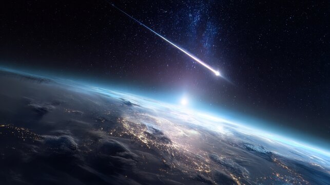 Bright meteor streaking above earth horizon against vast starry deep space
