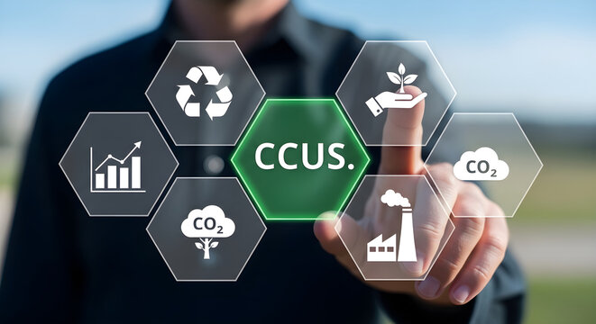 Business Professional Interacting With A Digital Interface Representing Carbon Capture Utilization And Storage Technology Solutions