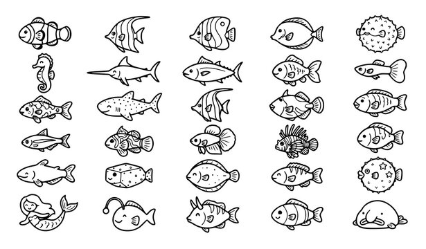 Cute Sea Fish Outline Vector Icons Collection with Playful Marine Animal Illustrations