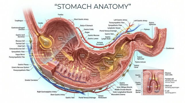 Detailed anatomical diagram of the human stomach showing internal structure gastric folds digestive processes and complex physiological labels in view