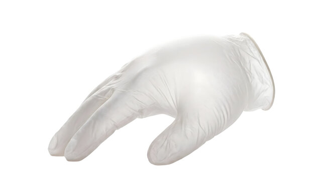 A single white disposable nitrile medical glove isolated on transparent background
