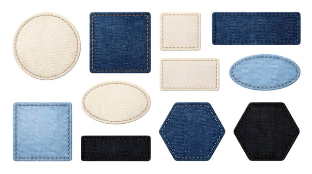 Set of various shapes of denim and leather clothing labels isolated on transparent background