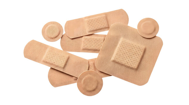 A collection of various adhesive bandages and plasters isolated on transparent background