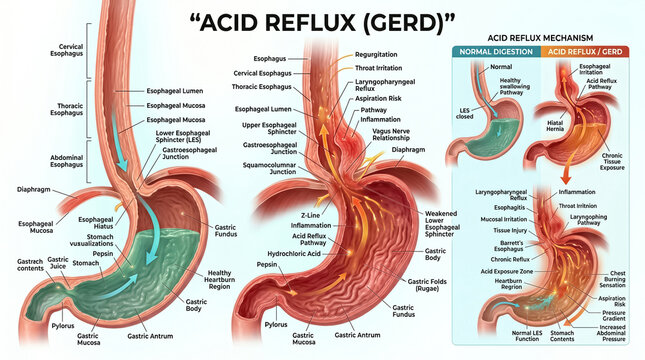 Detailed medical illustration depicting the anatomy and biological mechanism of acid reflux and gastroesophageal disease for educational health science purposes