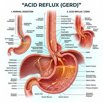 Detailed medical diagram showing the biological process of acid reflux and gerd with anatomical labels of the human stomach system