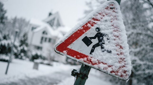 Snowy pedestrian road sign in winter, triangular warning sign covered in fresh snow, cold weather traffic safety concept